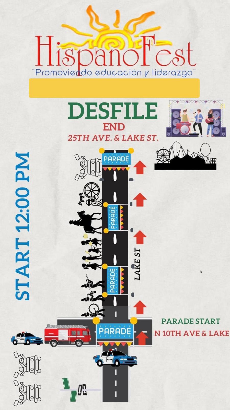 2026 Hispano Fest Parade route map showing the start at N 10th Ave & Lake St and finish at 25th Ave & Lake St