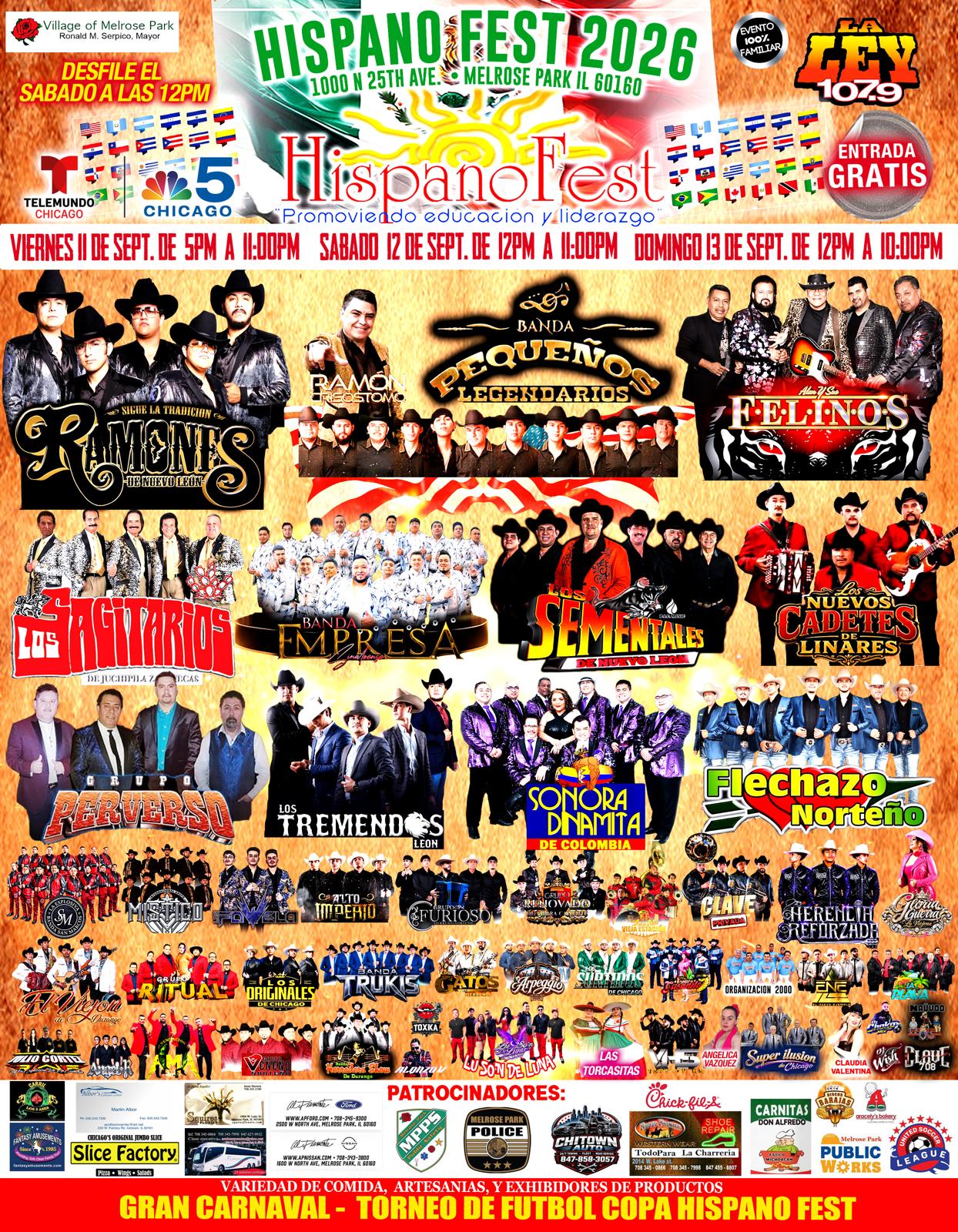 Hispano Fest 2026 official poster with the full band lineup
